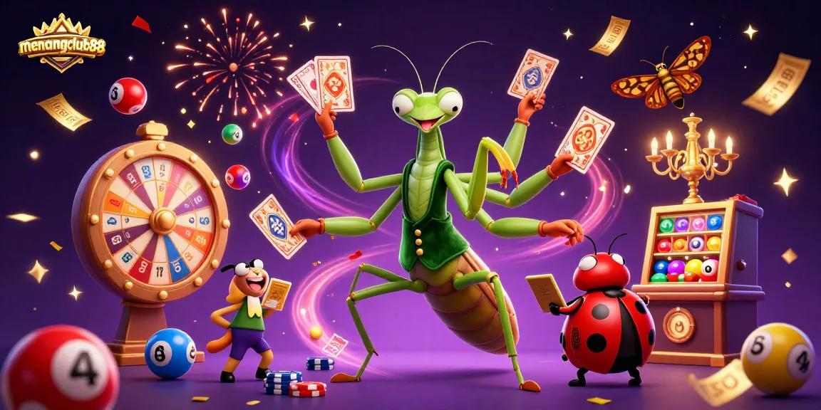 Engage in thrilling gameplay at menangclub88 with colorful lottery elements and vibrant casino characters.