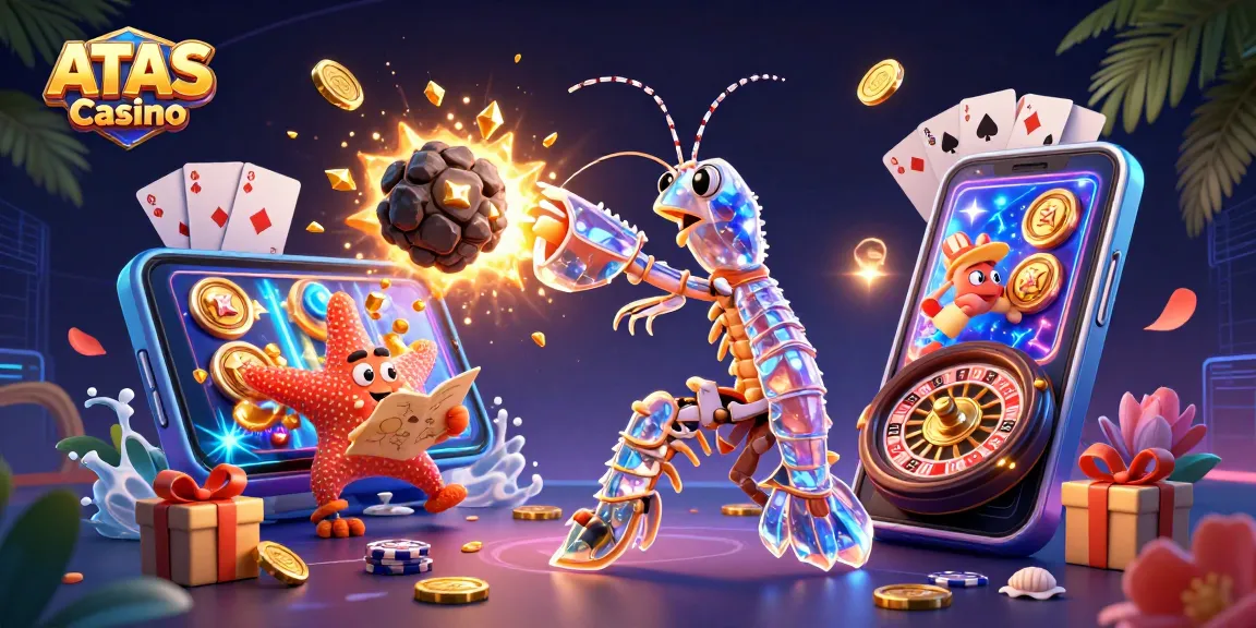 Experience the excitement at ATAS Casino with vibrant slot games and golden wins in this dynamic scene.