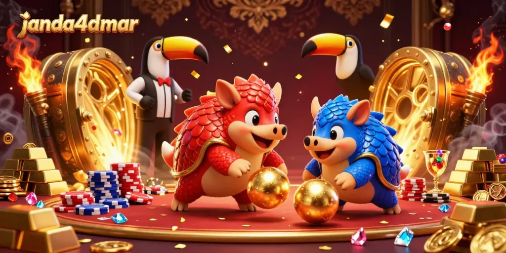 janda4dmar merayakan kemenangan dengan pangolin bertema kasino dan tumpukan chip poker.