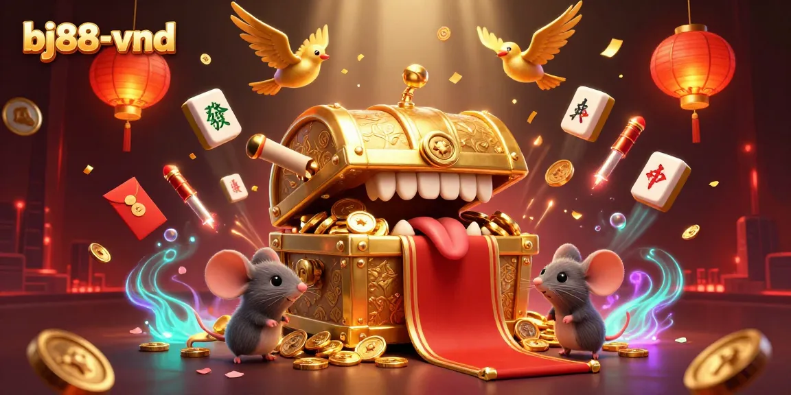 Experience endless riches at bj88-vnd with a golden treasure chest and festive casino elements.