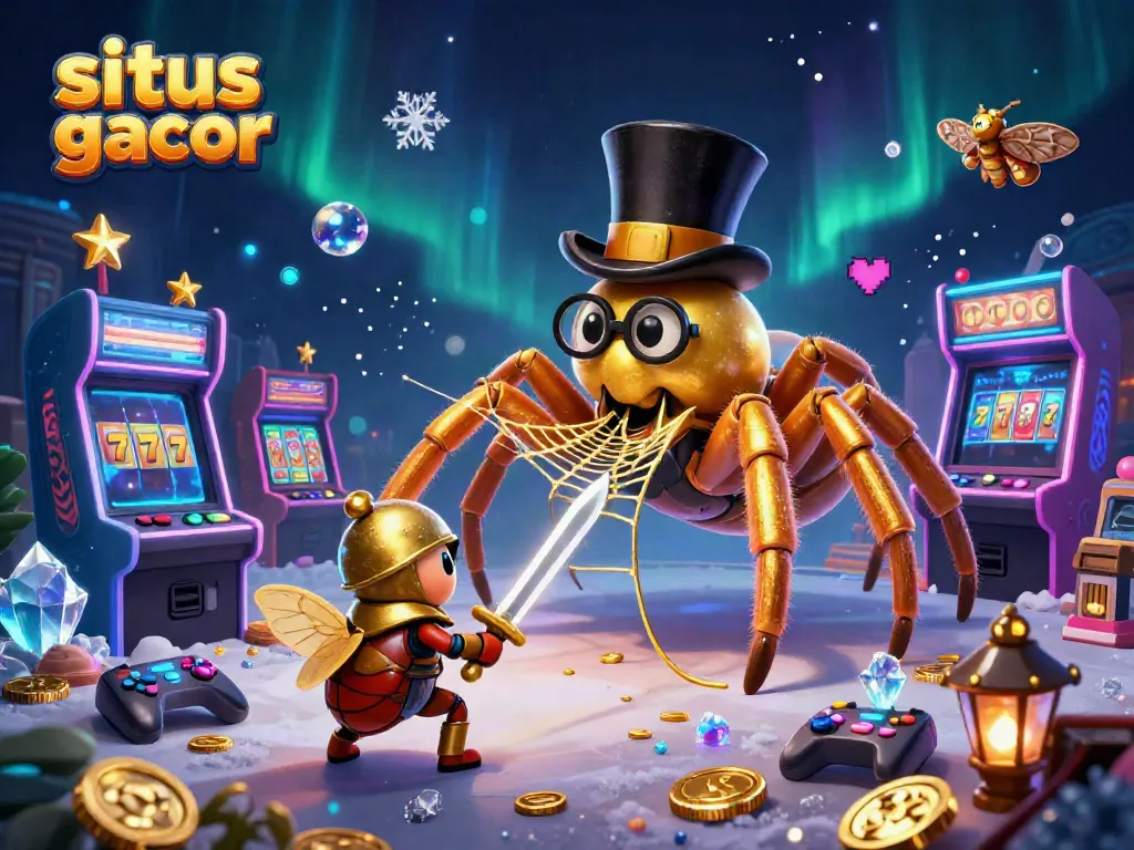 Gambarkan situs slot gacor dengan laba-laba emas besar dan kesatria kodok berani di kasino 3D.