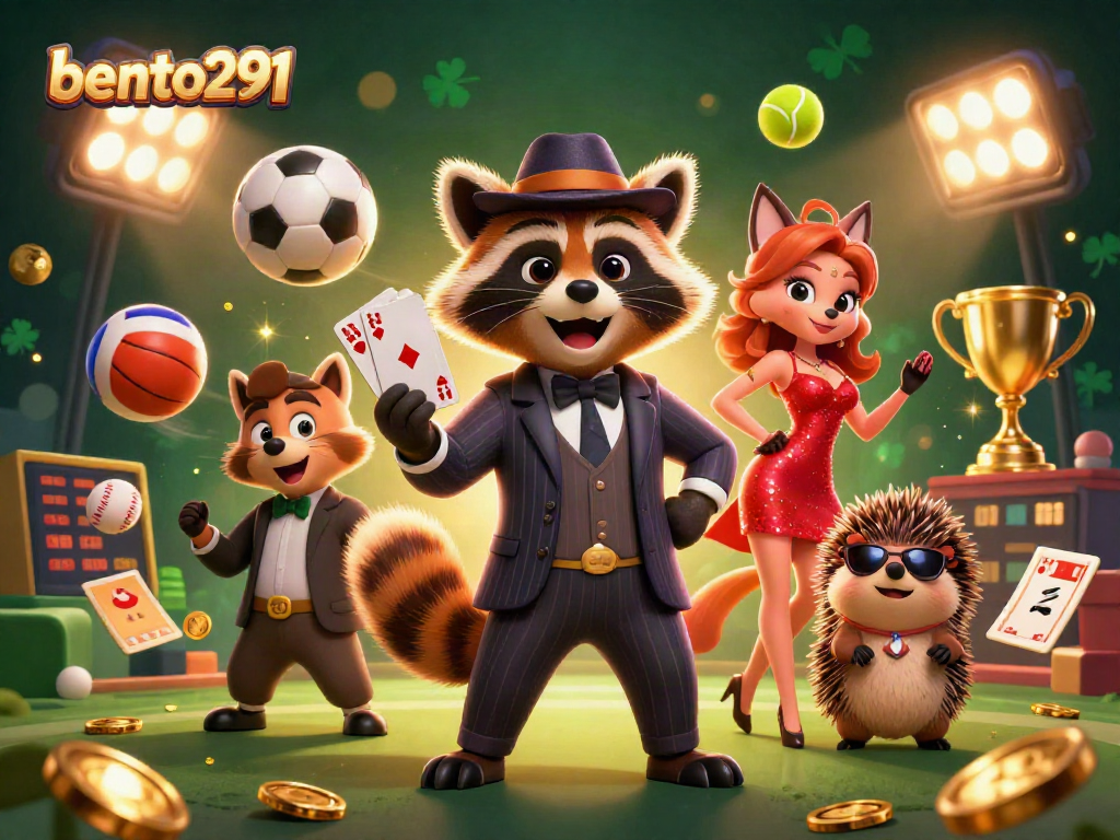 Experience winning moments in bento291 with raccoon, fox, and hedgehog characters in a vibrant casino scene.