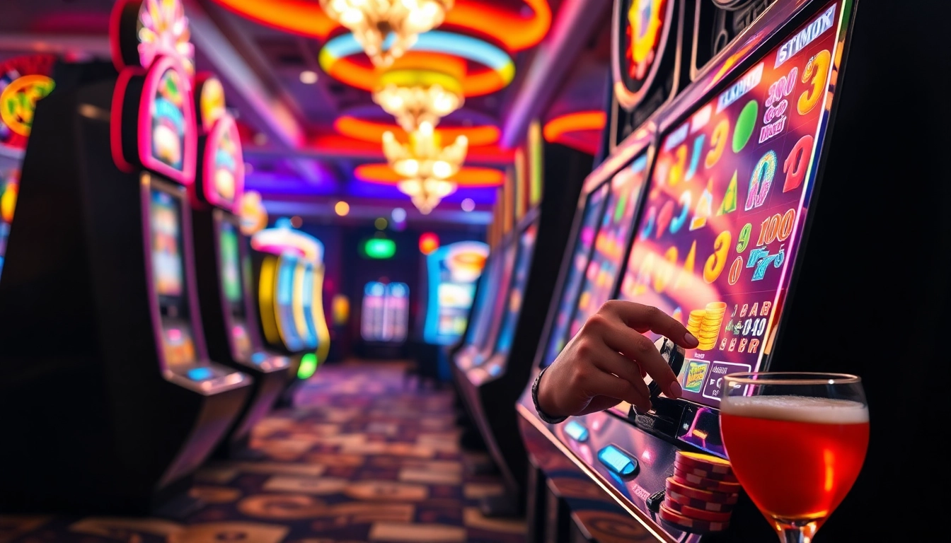 Experience as38 slot server gacor at a lively casino with bright lights and colorful slot machines.