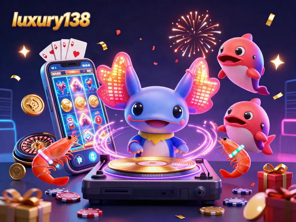 Experience the excitement of luxury138 with a vibrant scene of a neon axolotl DJ and casino games.