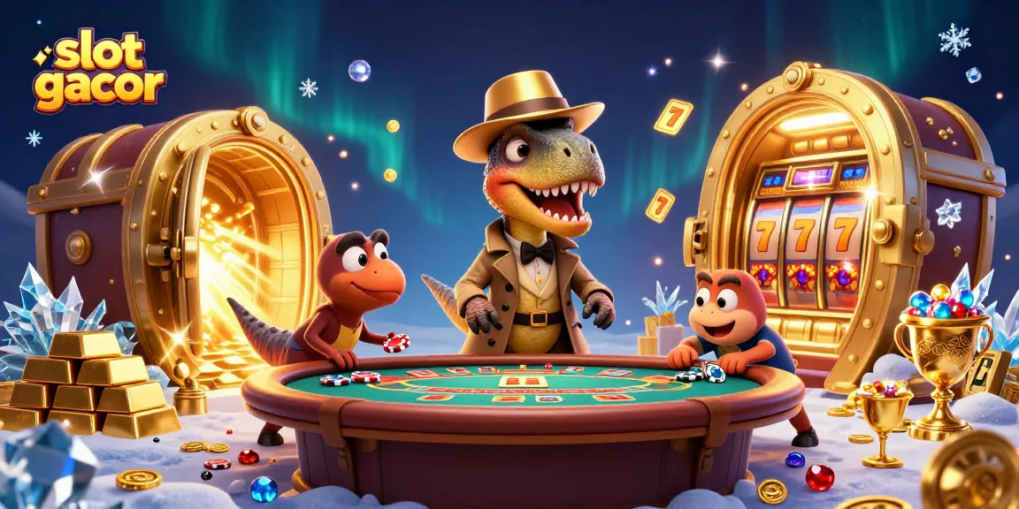 Slot gacor dengan karakter unik dalam ilustrasi 3D seputar kasino dan jackpot.