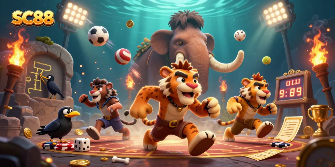 SC88 showcases a vibrant prehistoric casino scene with unique characters and dynamic sports action.