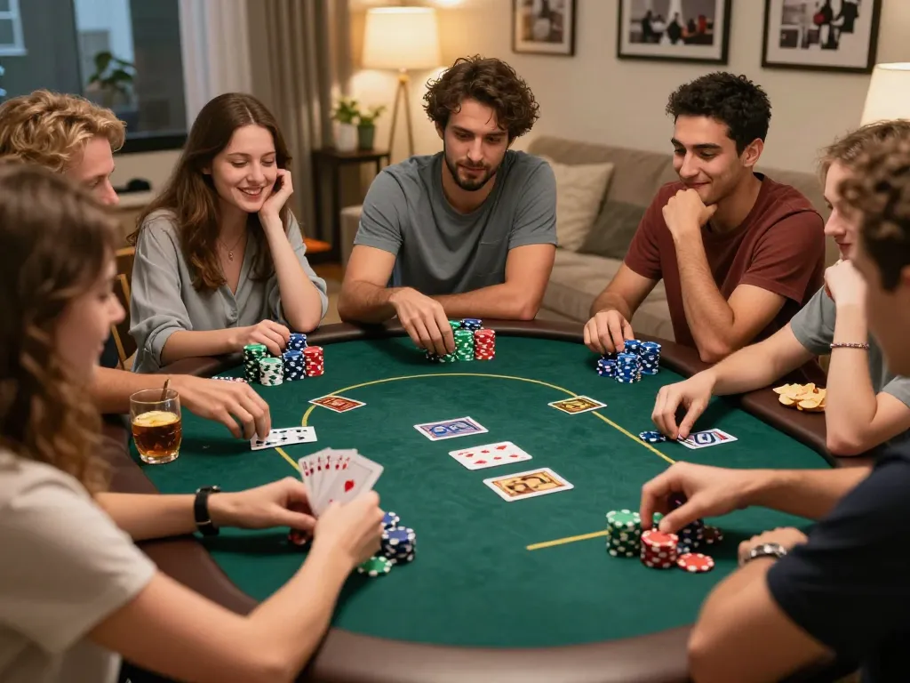 Poker88 players engaging in Texas Hold'em strategy during a friendly home game night.