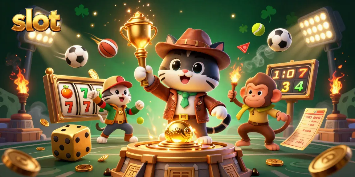 Menghadapi slot jackpot berkilau dalam ilustrasi 3D yang menggambarkan kucing arkeolog yang menjelajahi artefak kasino emas.