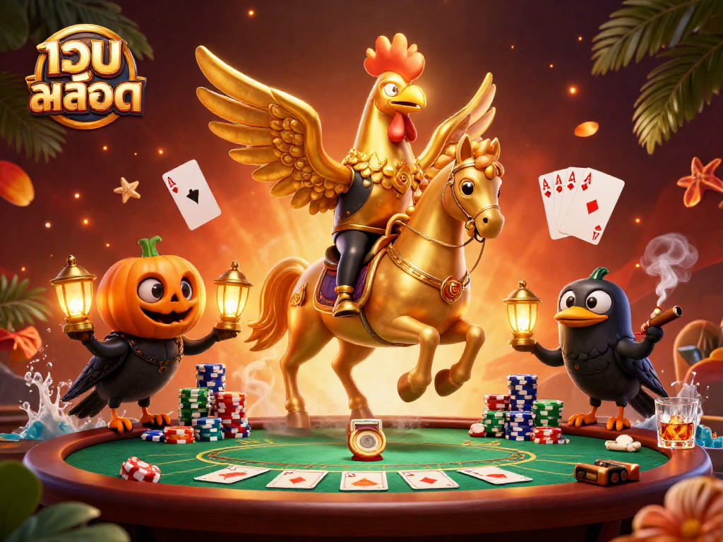 Play เว็บสล็อต with a golden rooster riding through a vibrant casino scene filled with poker elements.