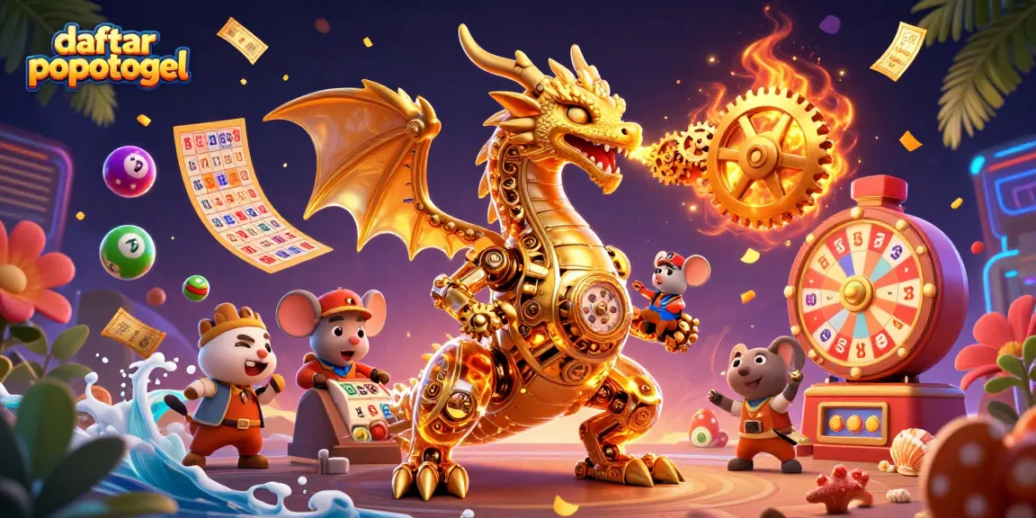 Engage with daftar popotogel featuring a biomechanical dragon alongside vibrant lottery elements for an exciting gaming experience.