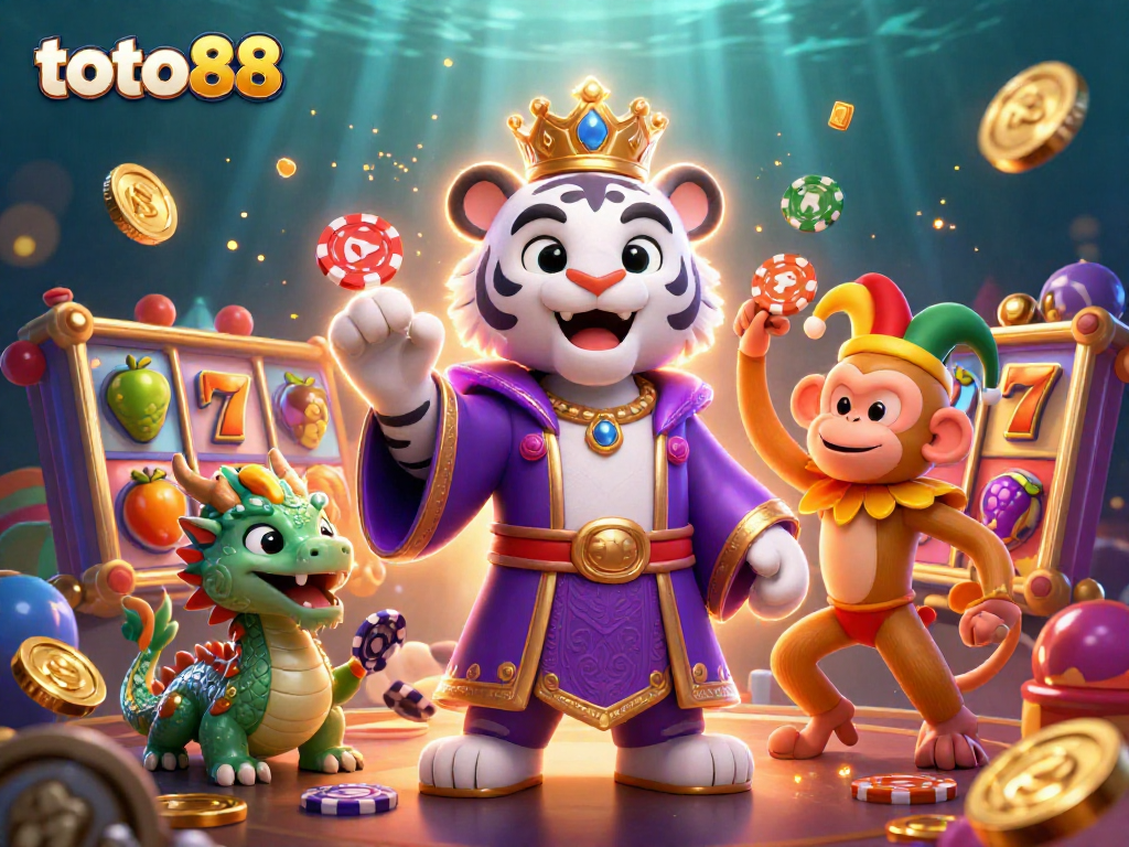 Engage in thrilling jackpot action at toto88 with vibrant slot machines and cheerful characters.
