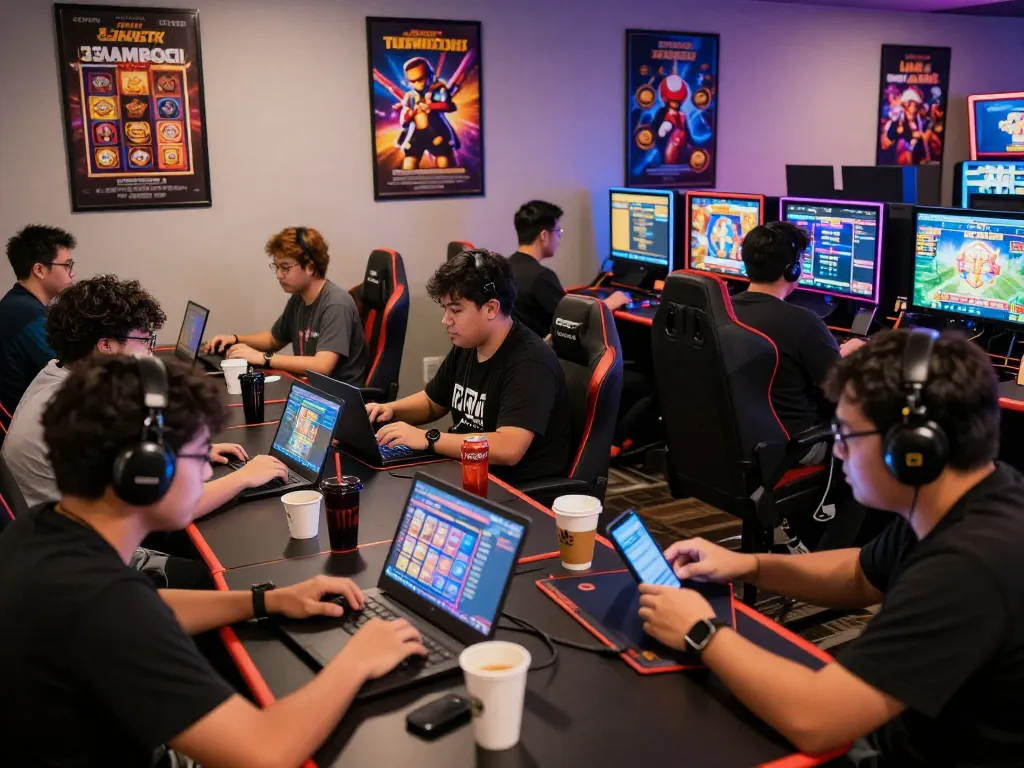Players enjoying link gacor games in a vibrant gaming lounge with engaging atmosphere.
