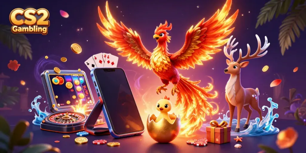 Join the excitement of CS2 Gambling with this dynamic illustration featuring a phoenix trio inspired by vibrant casino elements.