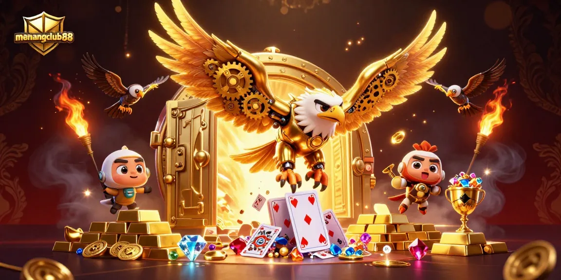 Experience the thrill of menangclub88 with a golden eagle soaring amidst treasures and holographic game elements.