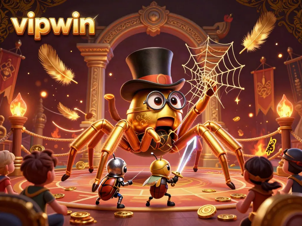 Experience vipwin's gaming thrill with a golden tarantula and beetle knight in an enchanting casino scene.