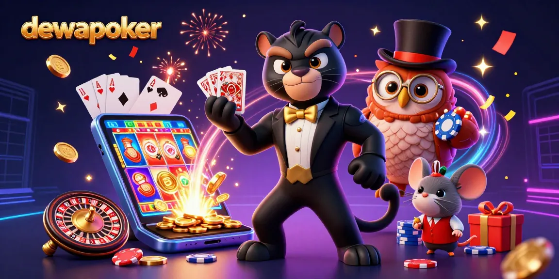 Dewapoker welcomes players to enjoy thrilling poker games with a vibrant casino illustration featuring a stylish panther and owl.