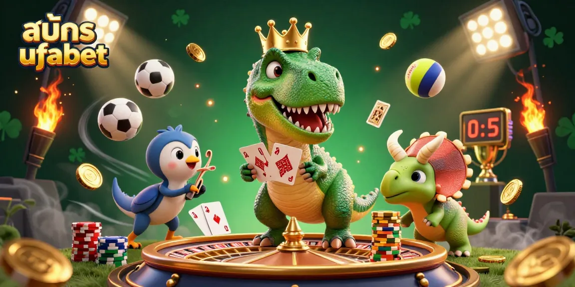 Join the action of สมัคร ufabet with a T-Rex shuffling cards and a pterodactyl assistant holding cards amidst vibrant casino elements.