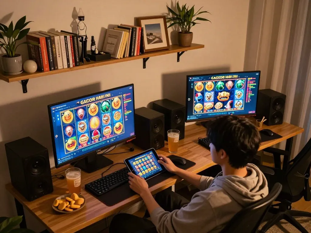 Engaging in online games, playing slot gacor hari ini with vibrant interface and snacks on the desk
