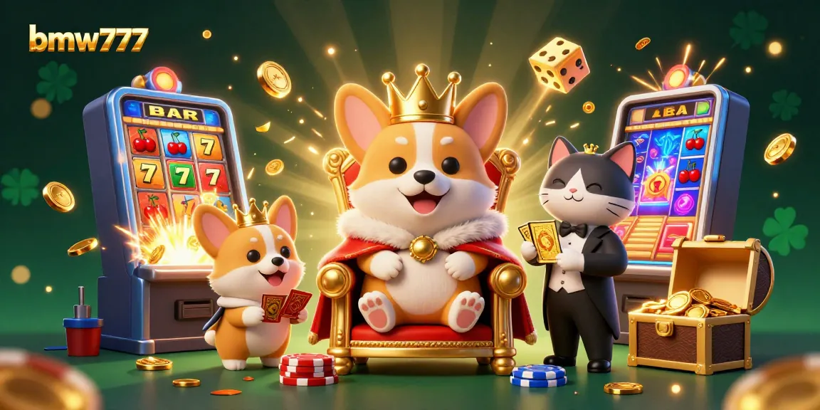 Rasakan keseruan bmw777 dalam ilustrasi 3D corgi kerajaan dengan mahkota emas di tahta chip poker.