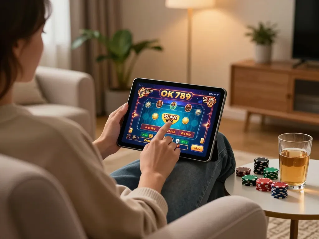 Engaging with casino games on tablet at home, showcasing the fun of playing OK789 online.