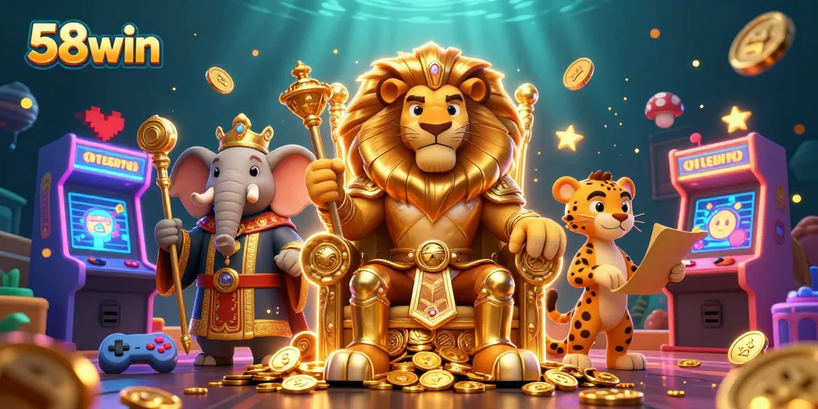 Engage with the thrilling action at 58win, featuring a vibrant scene of gaming royalty with a lion king, elephant advisor, and cheetah messenger.