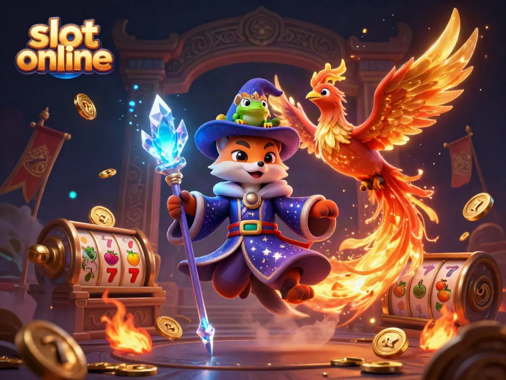 Engage in slot online gameplay amidst magical elements with a wizard fox, phoenix, and rich casino symbols.