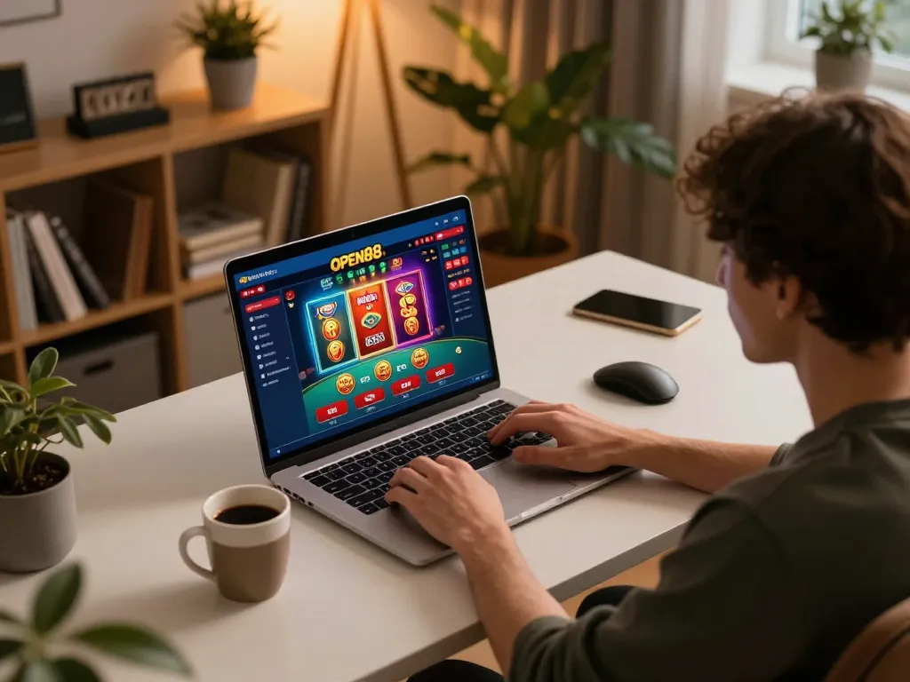 Player exploring the engaging open88 online casino interface from a cozy home office setting.