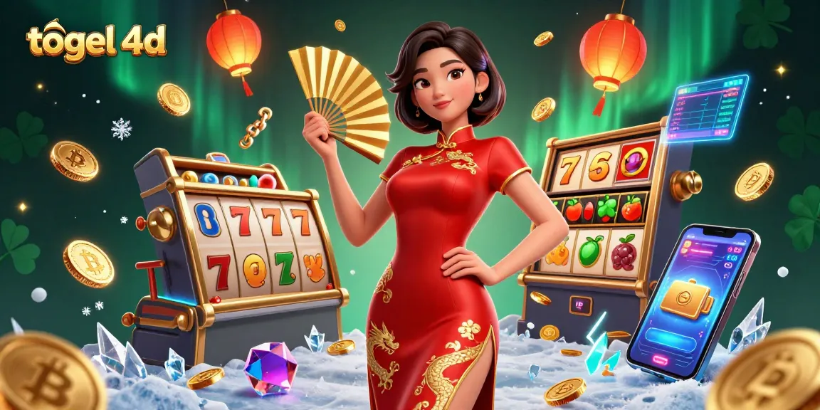 Engage with togel 4d excitement in a vibrant 3D illustration showcasing slot reels, coins, and festive elements.
