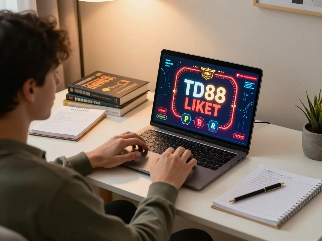 Person engaging in TD88 bet at home using a laptop with strategy notes visible.