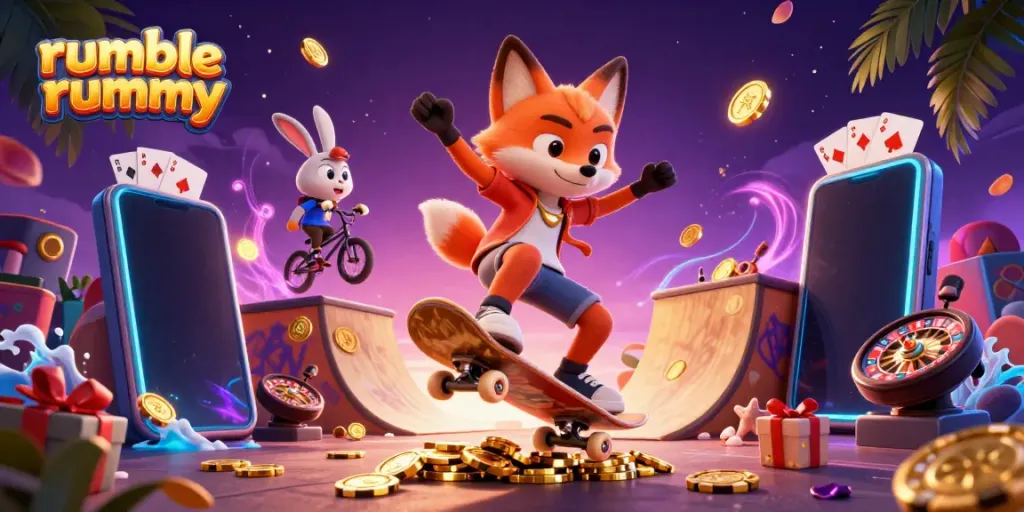 Experience exciting gameplay with rumble rummy, as a fox and rabbit battle skills amidst colorful casino symbols.