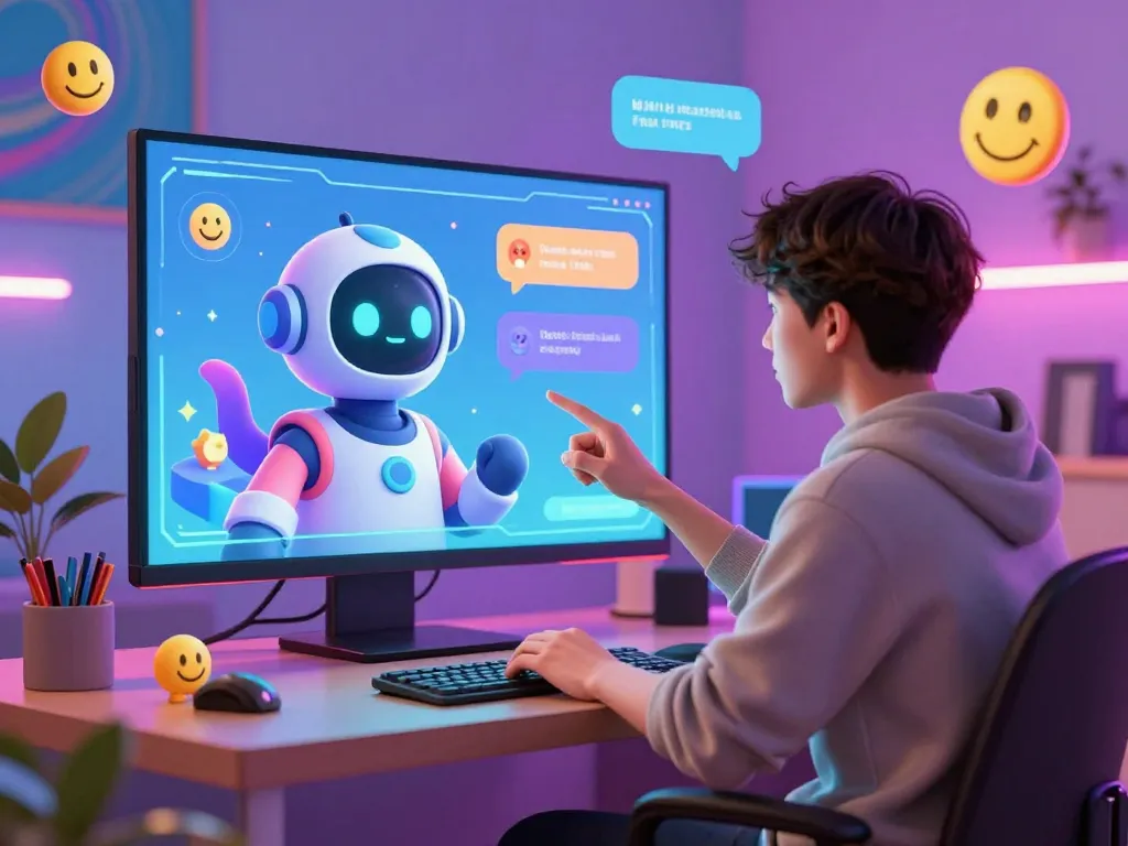 Young adult engaging in lively ai chat nsfw conversation with animated avatar in a colorful virtual chat room.