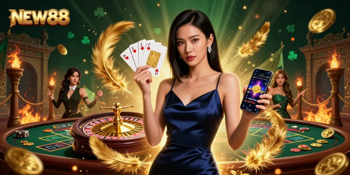 Join the excitement at NEW88 with a stunning prize-winning casino scene featuring a confident gambler.