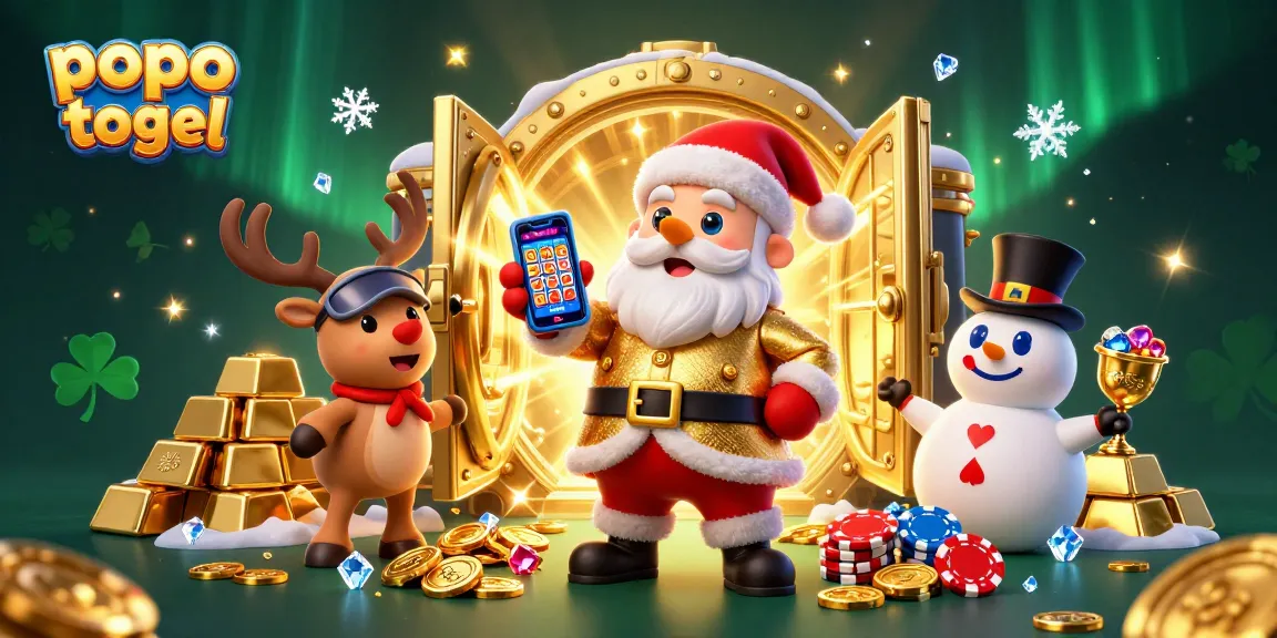 Win big with popo togel in a vibrant casino scene featuring rich treasures and festive characters.