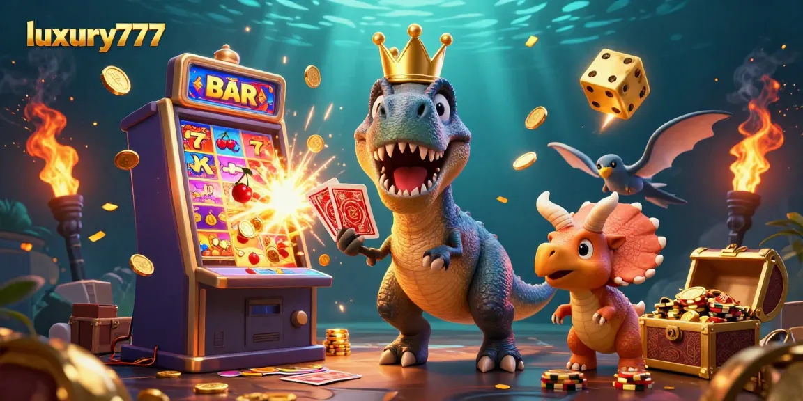 Menggandakan kesenangan di luxury777 dengan karakter kartun T-Rex, pterodactyl, dan triceratops yang bertaruh di mesin slot yang meledak dengan koin dan simbol.