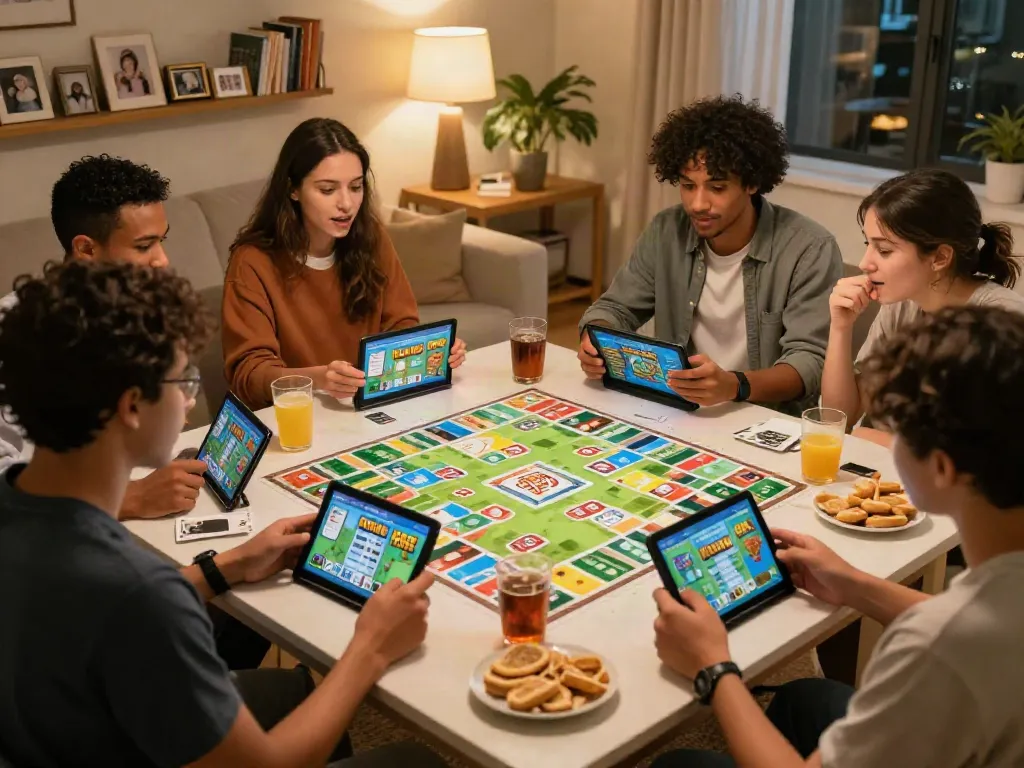 Friends enjoying a lively game of Rumble Rummy on smartphones in a cozy living room.