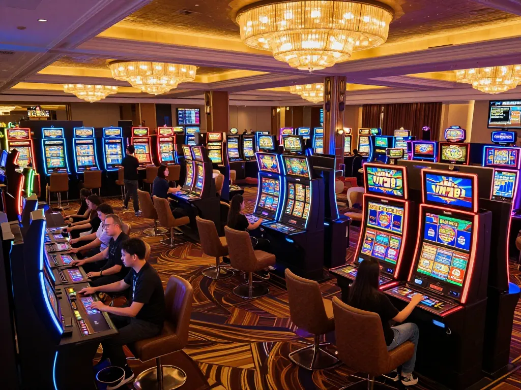 Participants playing engaging slot machines at VN789's luxurious casino, capturing excitement