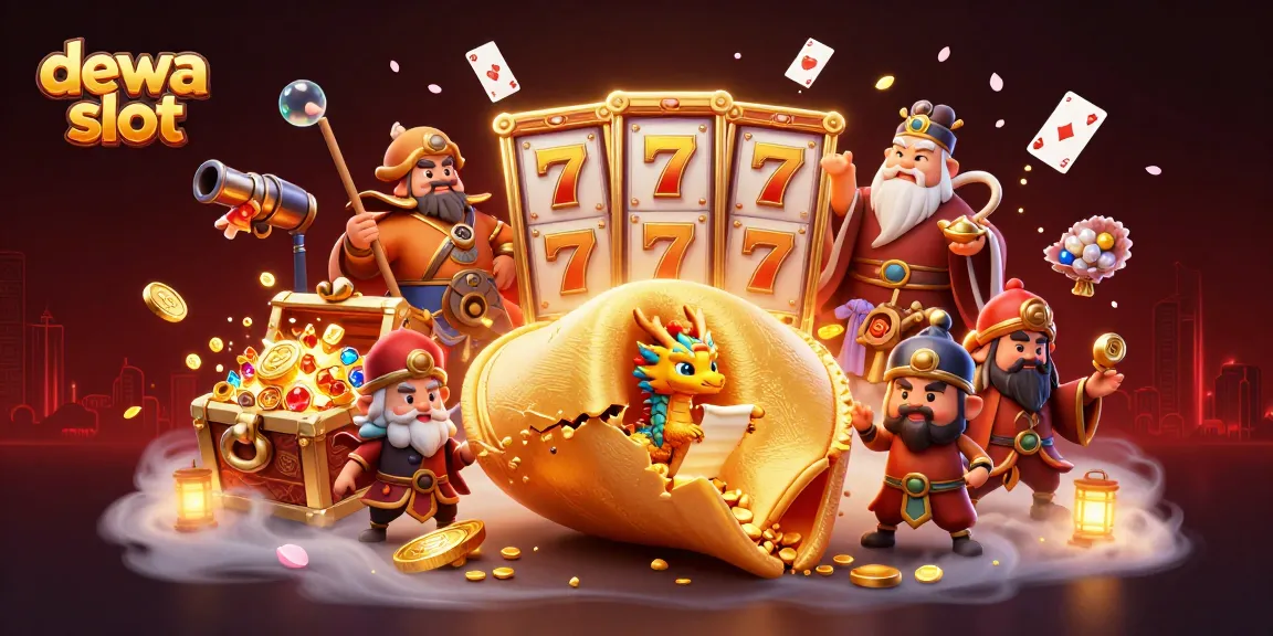 Spin the dewa slot for golden wins with a dynamic 3D illustration of fortune-themed characters.