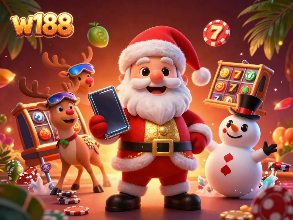 Experience exciting jackpot slots at w188 with a vibrant, festive casino scene featuring Santa and friends.