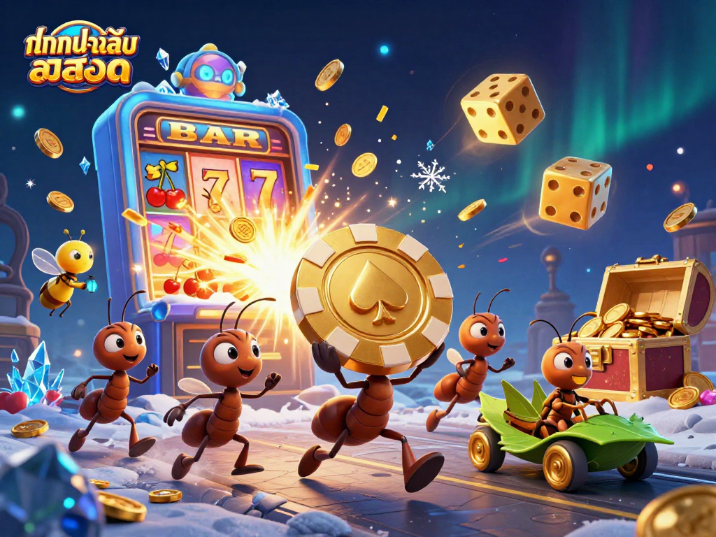 Win big with ทดลองเล่นสล็อต as ants execute a daring heist, surrounded by vibrant casino elements!