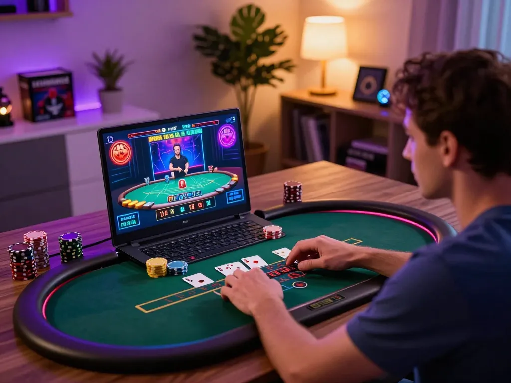 Player enjoying online casino gaming experience at home with gameradar focused on strategic poker.
