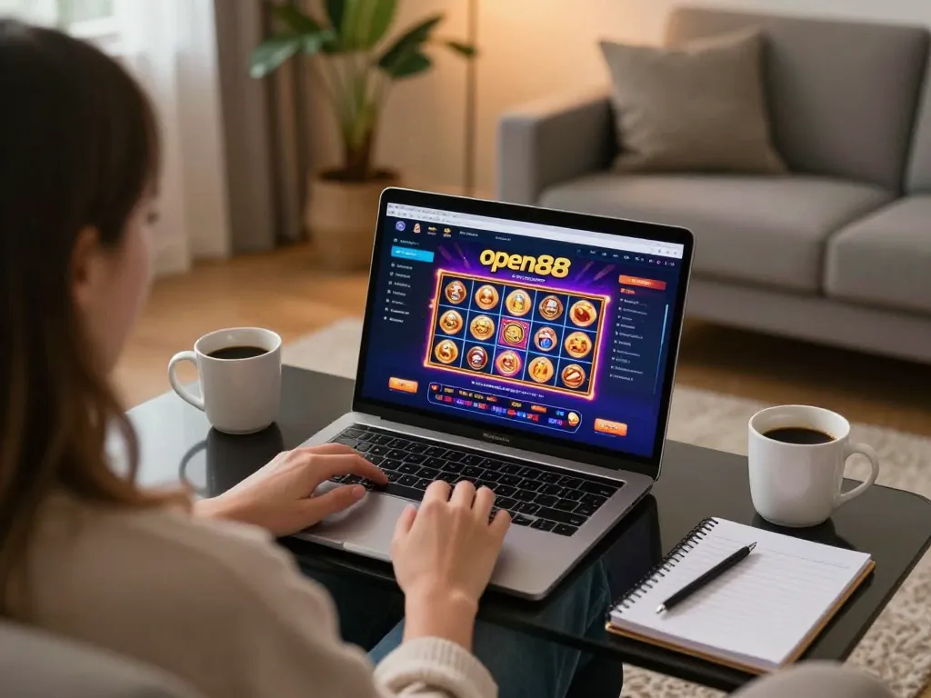 Engaging with open88 online slots on a laptop during a cozy evening at home.