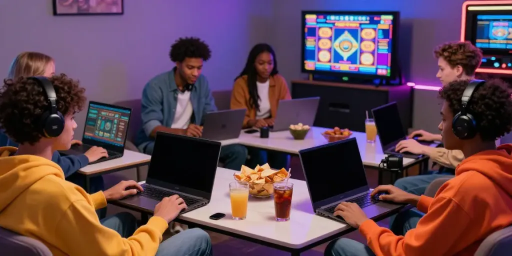 Akunjp gaming scene with friends engaged in lively online casino games.