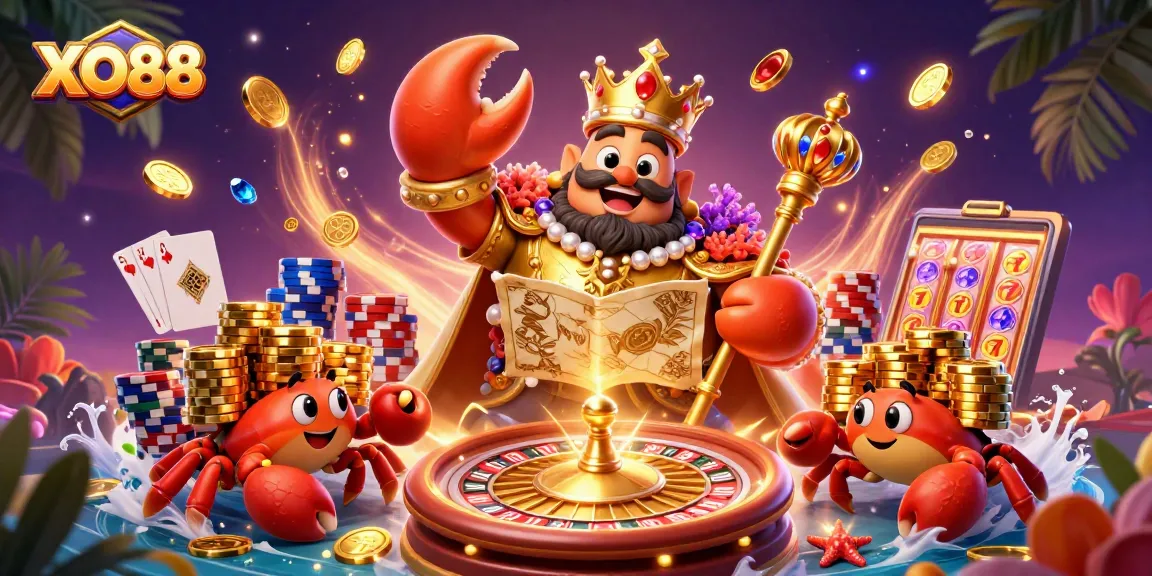 Engage with exciting gaming adventures at XO88, featuring a golden crab emperor with vibrant casino elements.