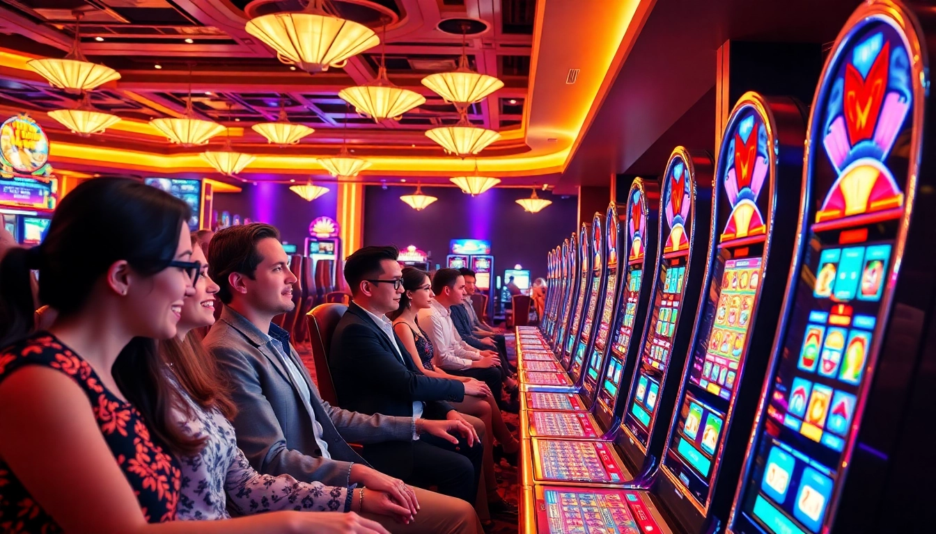 Players experiencing excitement at slot gacor machines in a lively casino environment.