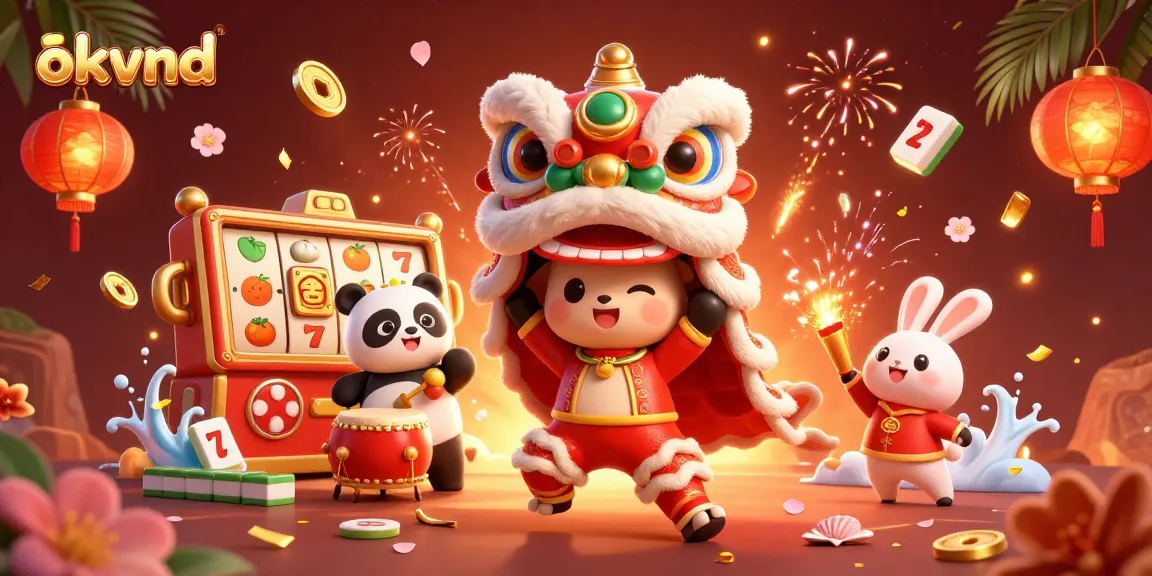 Engage in exciting gameplay with okvnd themed illustration featuring vibrant slot reels and festive characters.