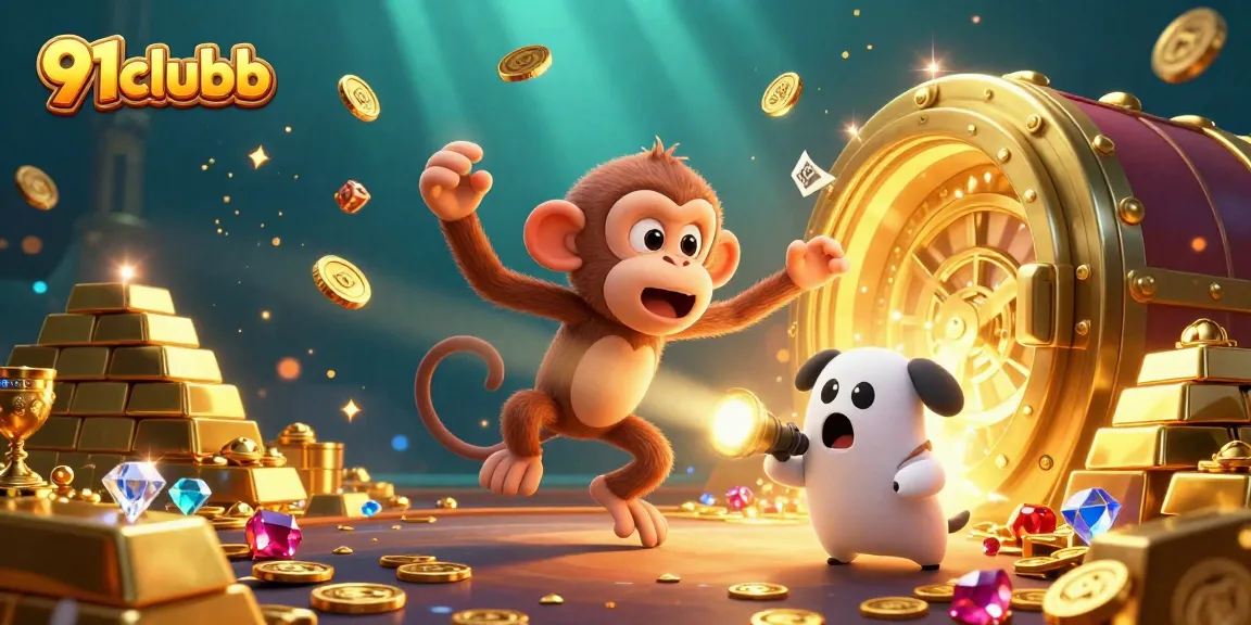 Engage with the thrilling world of 91clubb as a playful poltergeist monkey juggles riches in a vibrant casino atmosphere.