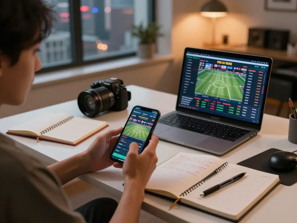 spinadvisor mobile gaming scene featuring a person placing bets on a smartphone in a cozy home office