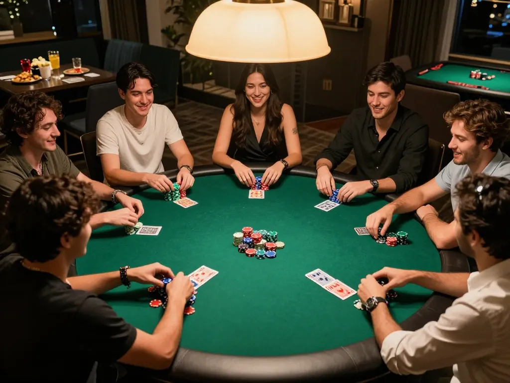 Kuwin players enjoying a lively home poker night with vibrant gameplay and social atmosphere