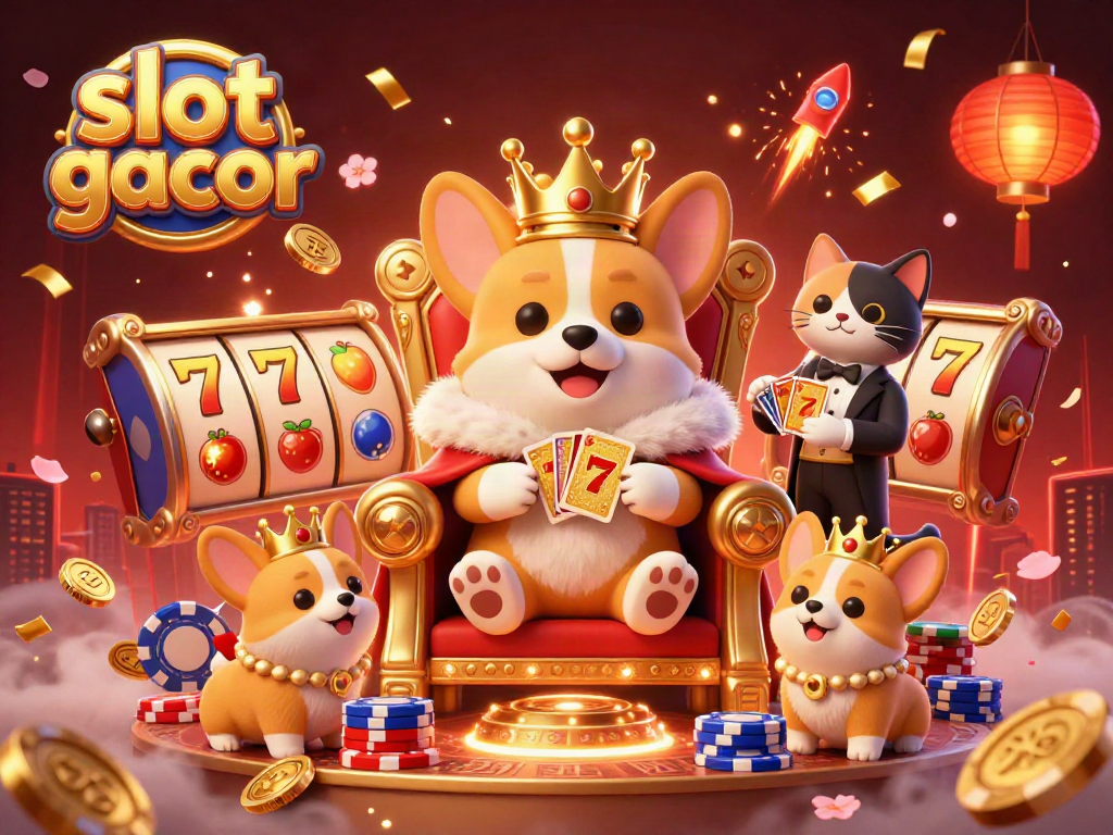 Experience the thrill of slot gacor with playful corgis and vibrant gaming elements in an enchanting casino scene.
