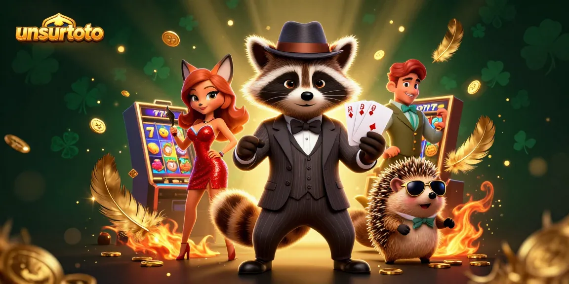 Unsurtoto winning strategy with a suave raccoon and charming fox at a vibrant slot machine.